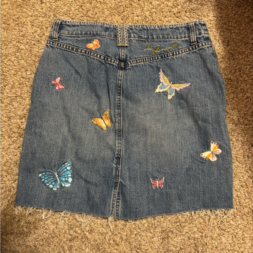 Denim Butterfly Embroidered A-Line Skirt - Blue - Picture 3 of 5